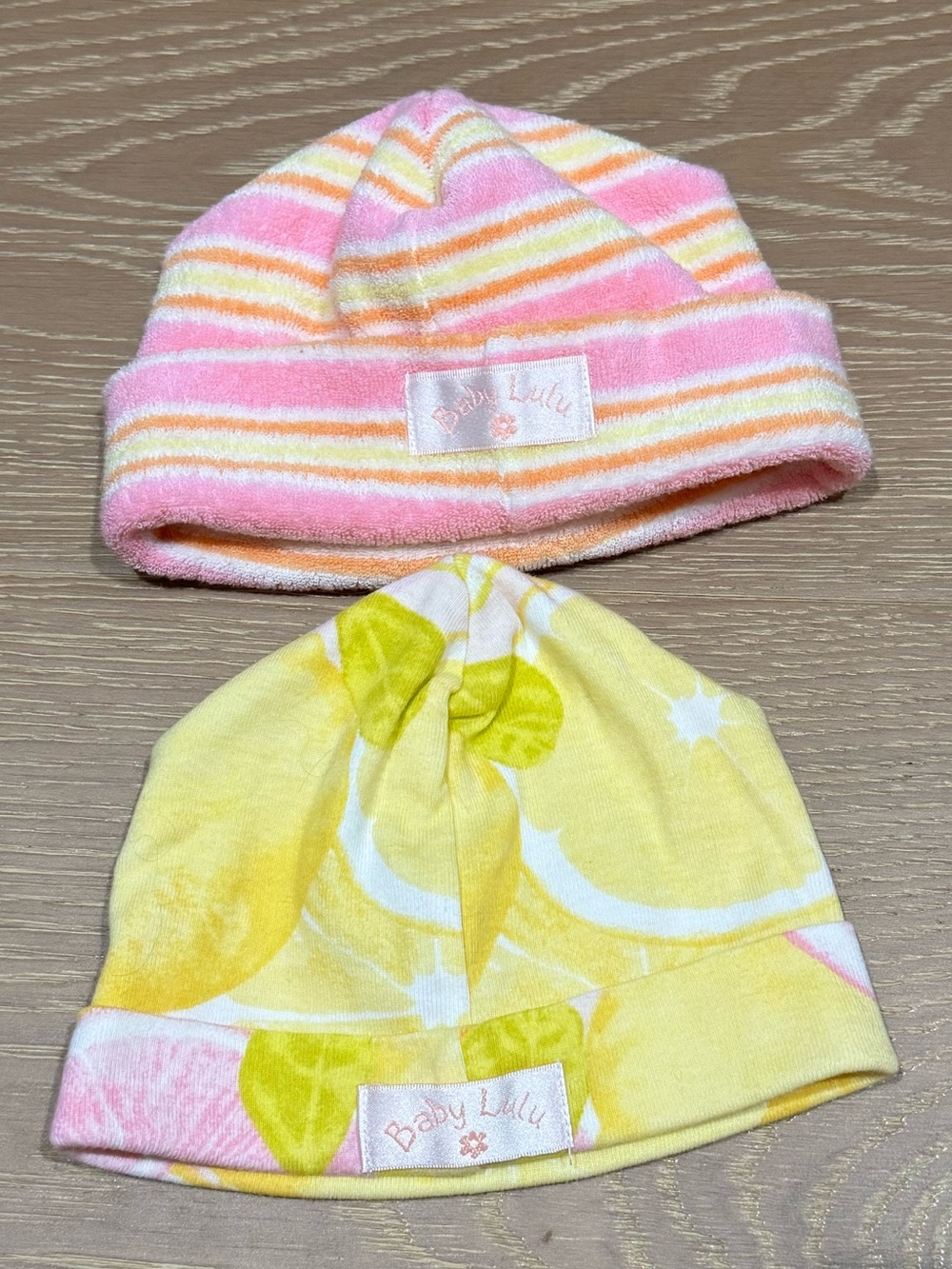 New Two Baby Lulu Hat Citrus and Pink & Yellow Strips both 100% Cotton
